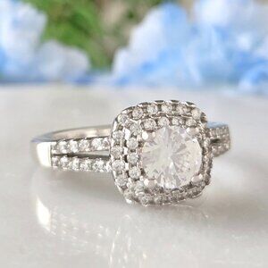 Cushion Cut Double Halo Ring - 925 Sterling Silver Wedding Engagement Style